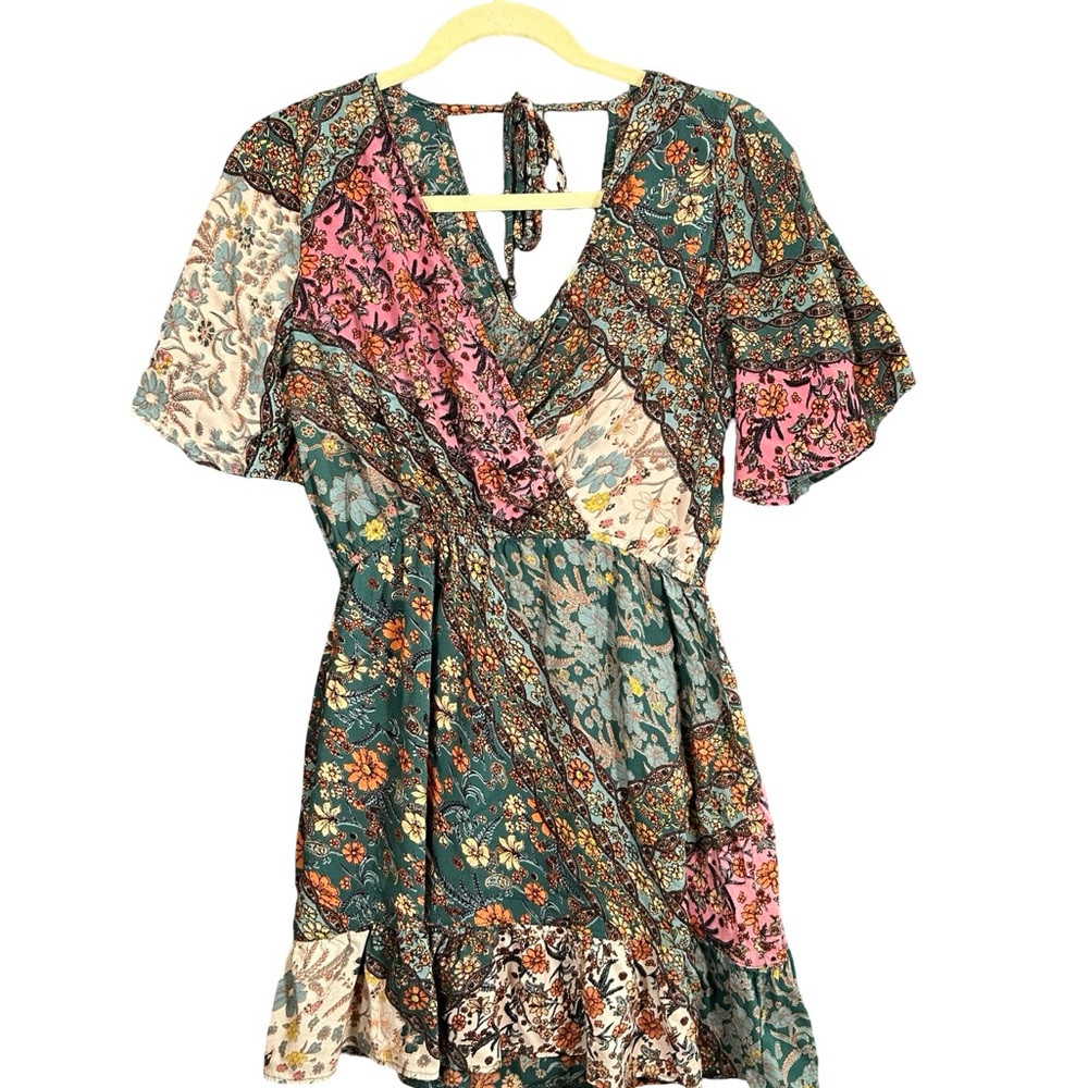 Angie Dress Cottagecore Patchwork Floral Indie Feminine Fairy Faux Wrap Boho - Picture 5 of 9